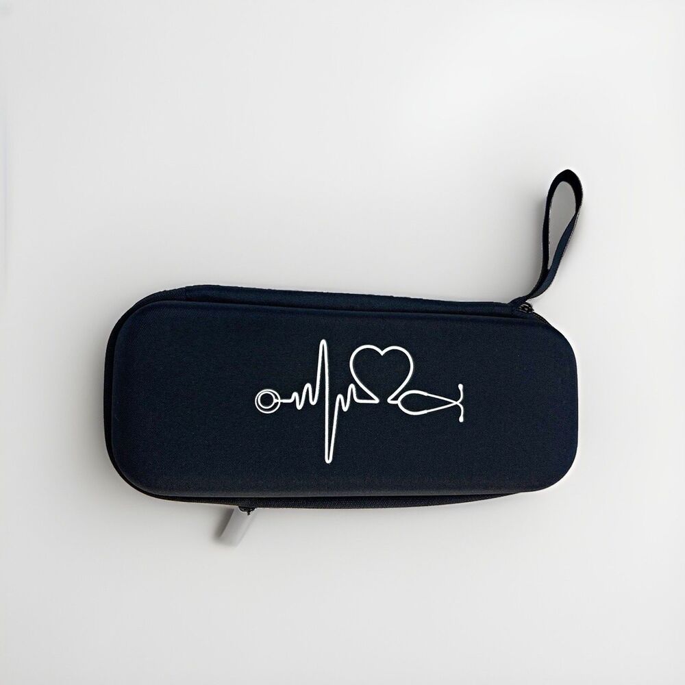 Black Hard Shell Stethoscope Case ECG Heartbeat Graphic Travel Carrying Pouch
